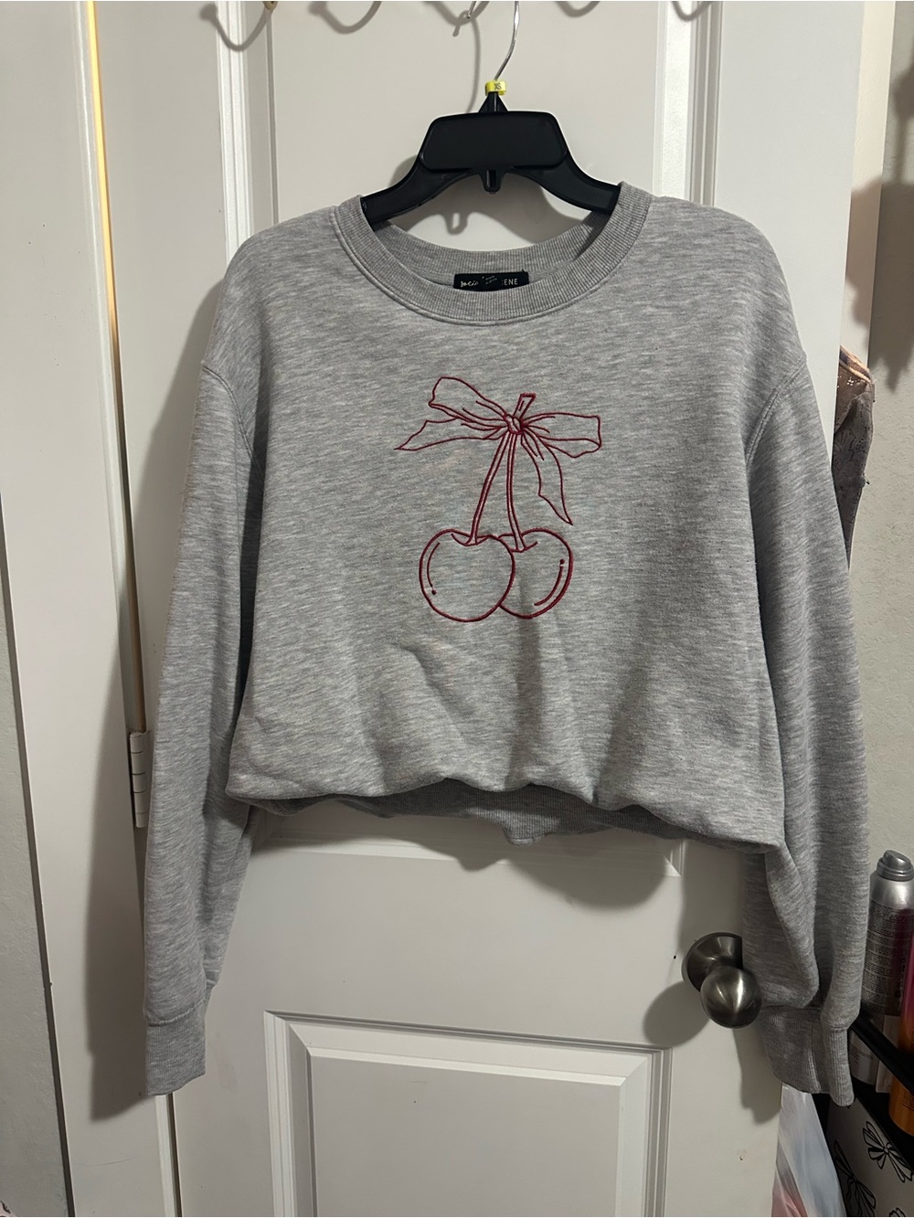 Gray Cherry Graphic Cropped Sweatshirt - Unbranded